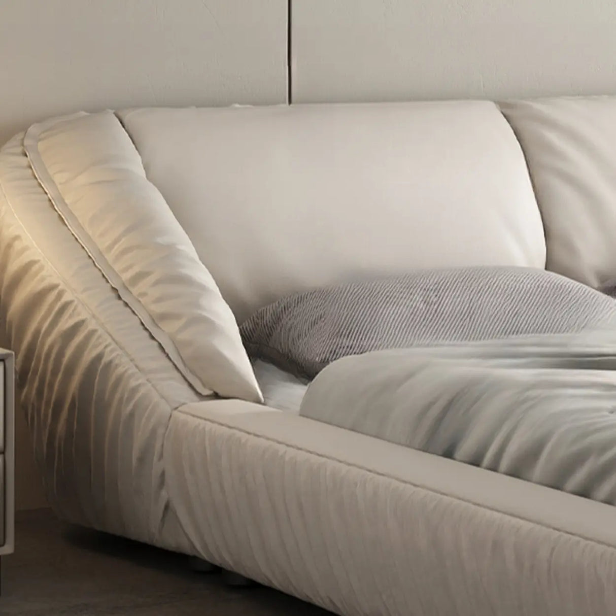 Beige King Wingback Leather Modern Wood Headboard Bed Image - 3
