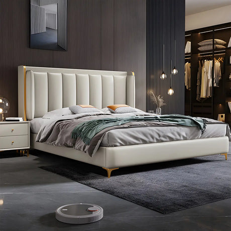 Beige King Wingback Leather Upholstered Comfort Bed Image - 1