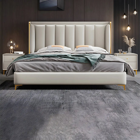Beige King Wingback Leather Upholstered Comfort Bed Image - 2