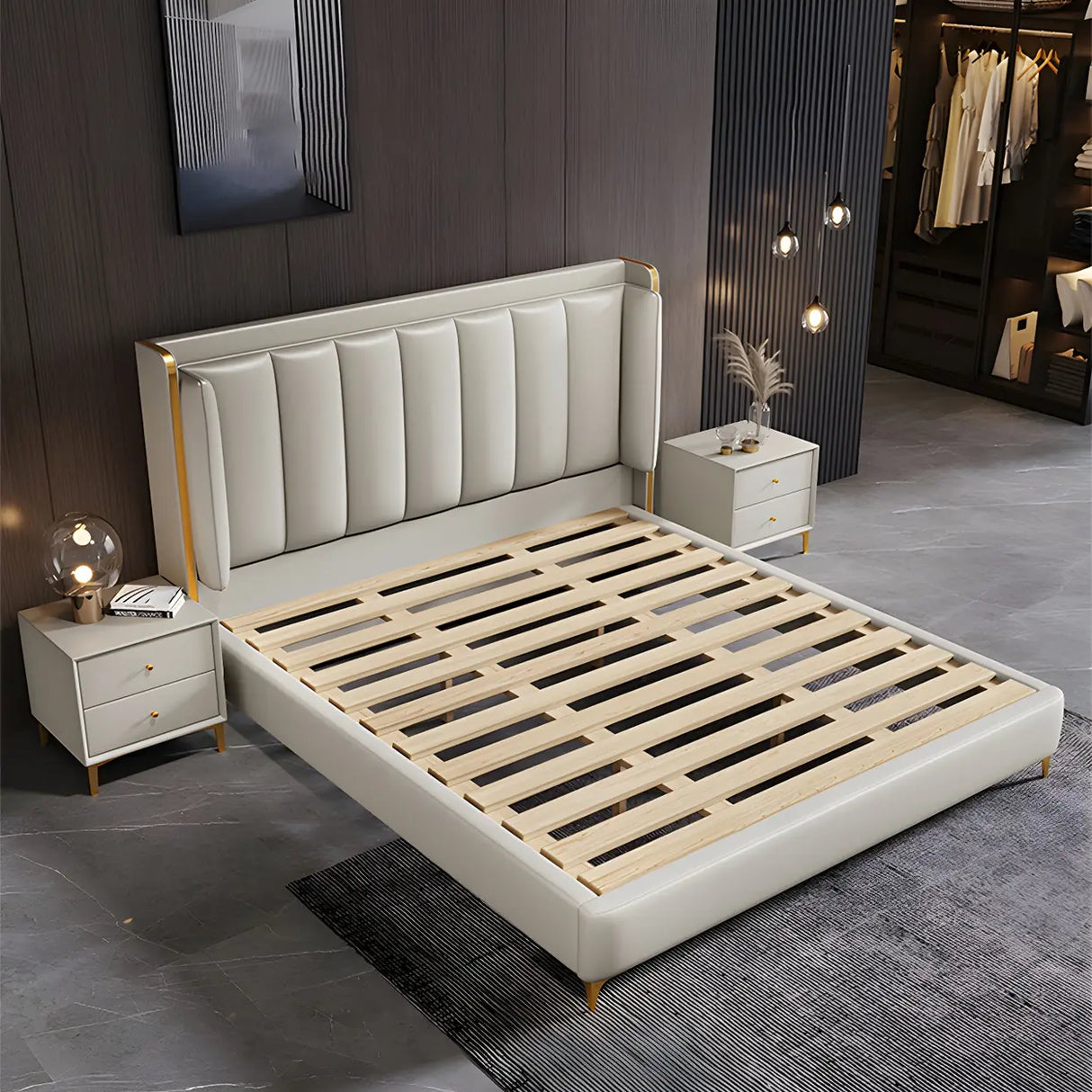 Beige King Wingback Leather Upholstered Comfort Bed Image - 3