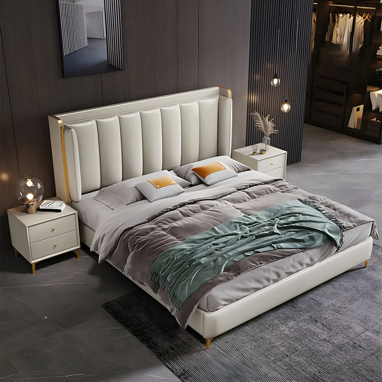 Beige King Wingback Leather Upholstered Comfort Bed Image - 4