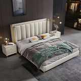 Beige King Wingback Leather Upholstered Comfort Bed Image - 4