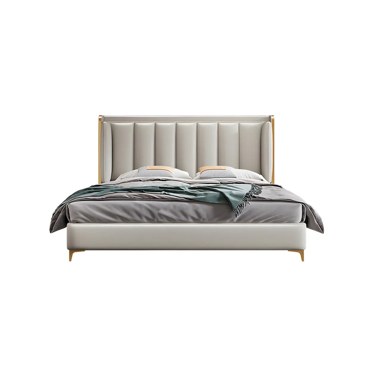 Beige King Wingback Leather Upholstered Comfort Bed Image - 5