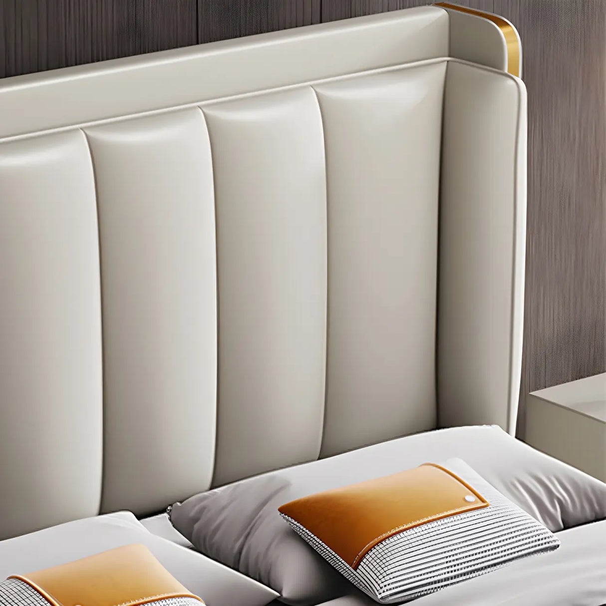 Beige King Wingback Leather Upholstered Comfort Bed Image - 7