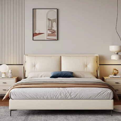 Beige King Wingback Leather Upholstered Headboard Bed Image - 1