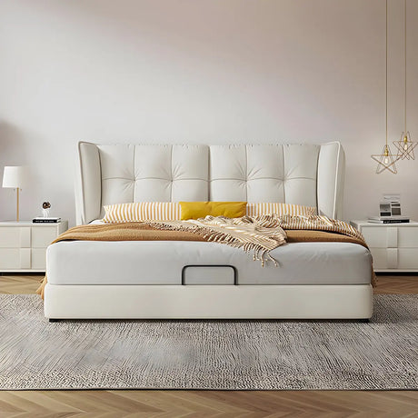 Beige King Wingback Upholstered Bed with Wood Support Image - 1