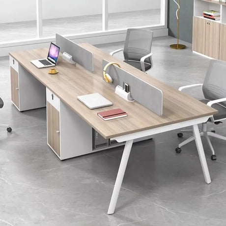 Beige L-Shaped Wooden Desk with Storage for Four Image - 1