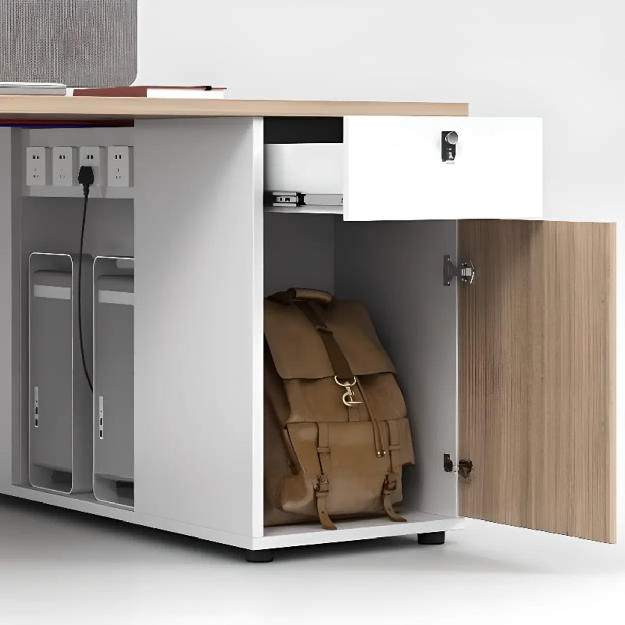 Beige L-Shaped Wooden Desk with Storage for Four Image - 13