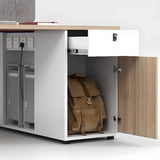 Beige L-Shaped Wooden Desk with Storage for Four Image - 13