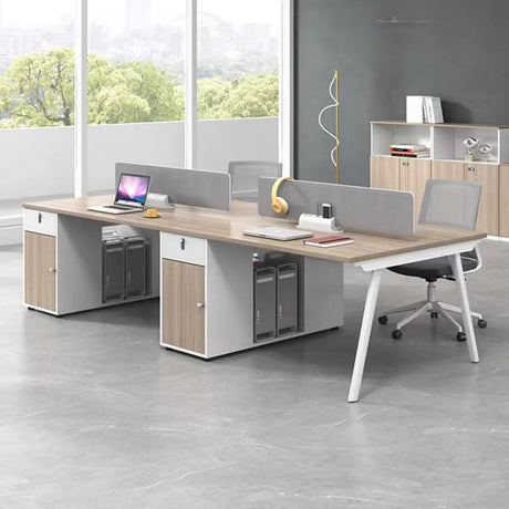 Beige L-Shaped Wooden Desk with Storage for Four Image - 2