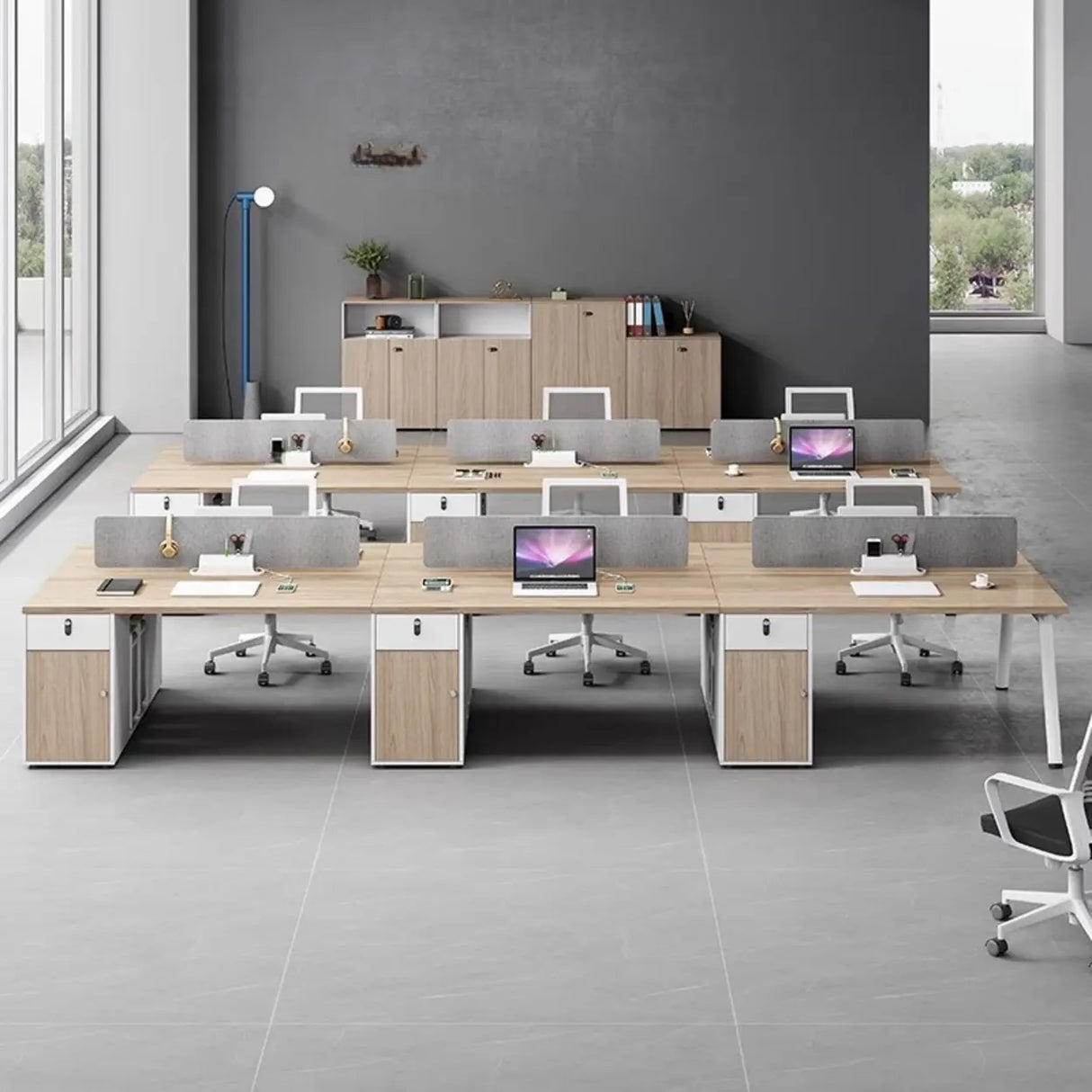 Beige L-Shaped Wooden Desk with Storage for Four Image - 3