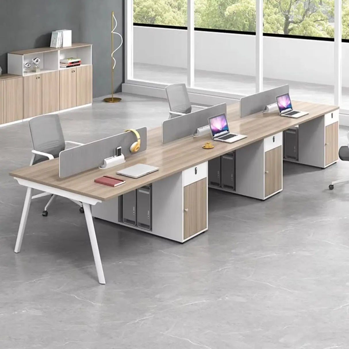 Beige L-Shaped Wooden Desk with Storage for Four Image - 4