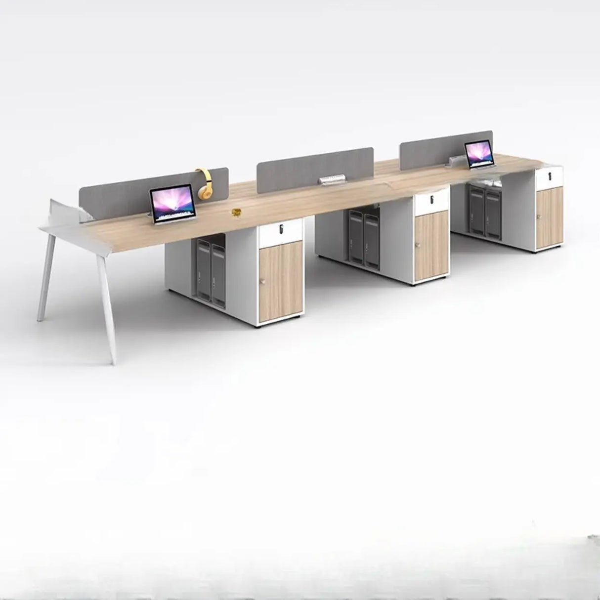 Beige L-Shaped Wooden Desk with Storage for Four Image - 5