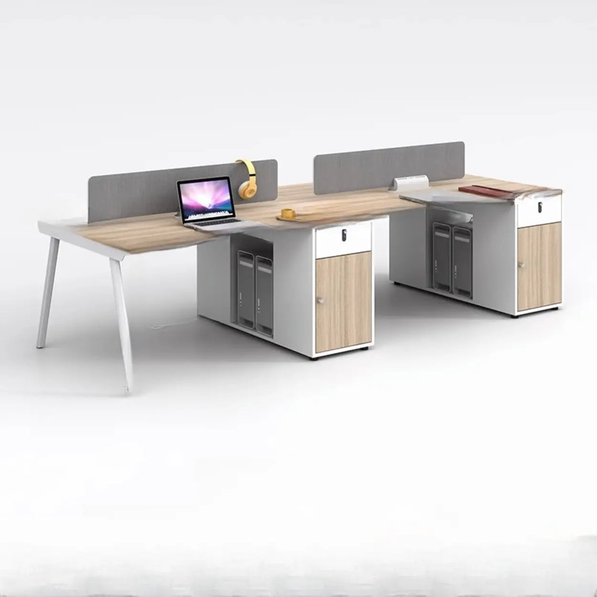Beige L-Shaped Wooden Desk with Storage for Four Image - 7
