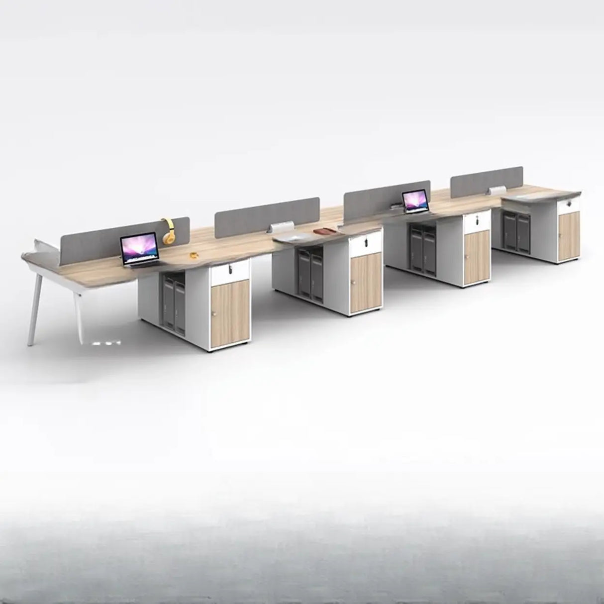 Beige L-Shaped Wooden Desk with Storage for Four Image - 9