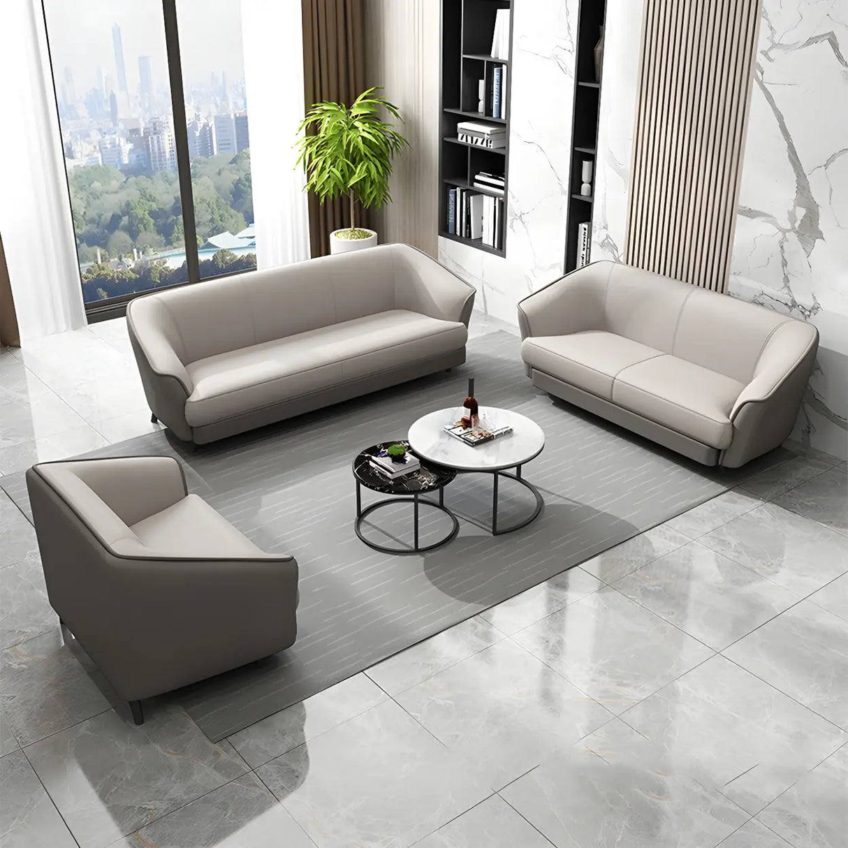 Beige Leather Sofa Seating Group with Arms and Legs Image - 2