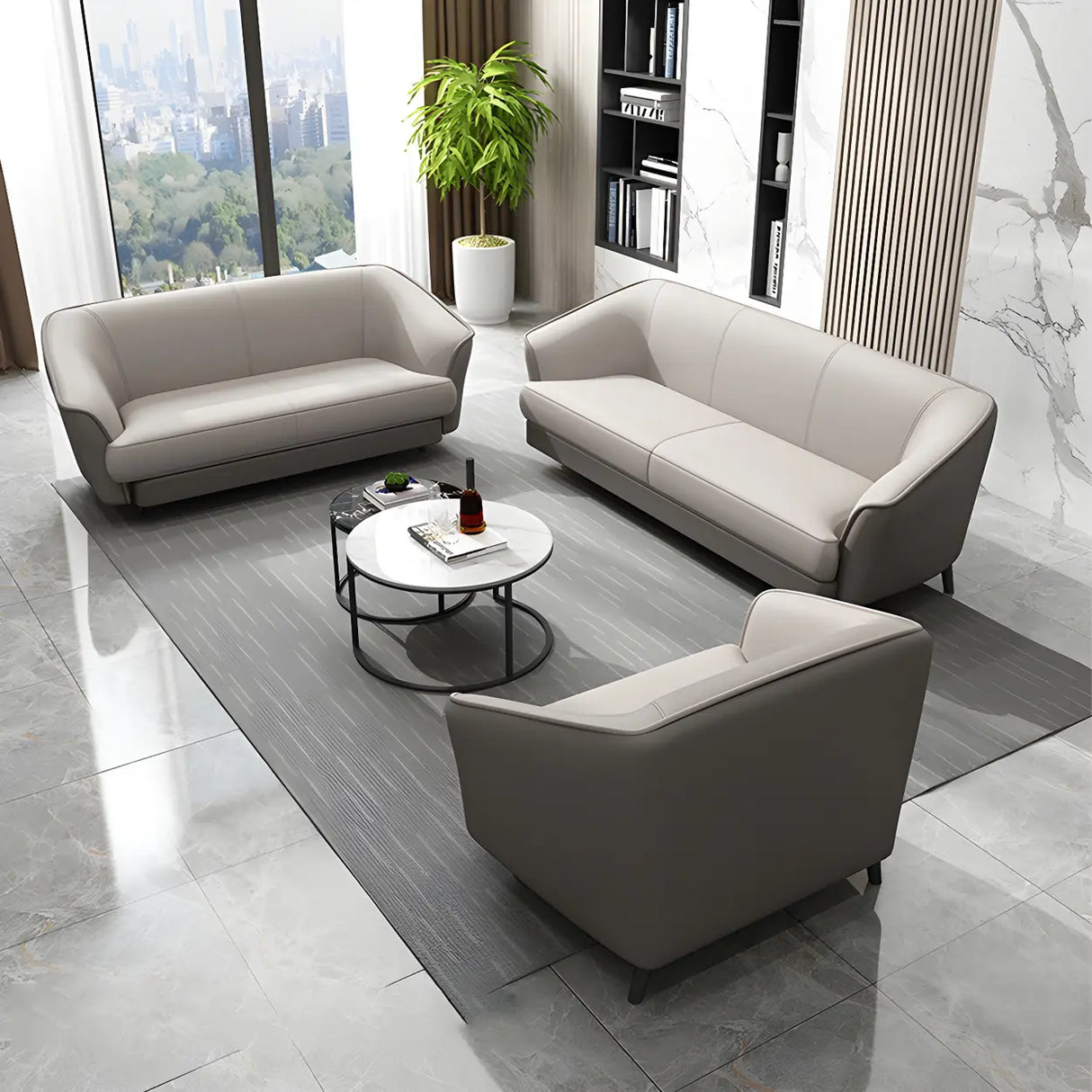 Beige Leather Sofa Seating Group with Arms and Legs Image - 4