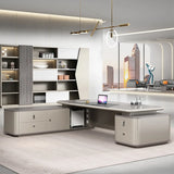 Beige Long L-Shaped Wooden Computer Desk with Storage Image - 1