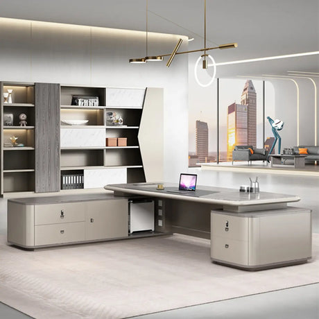 Beige Long L-Shaped Wooden Computer Desk with Storage Image - 1