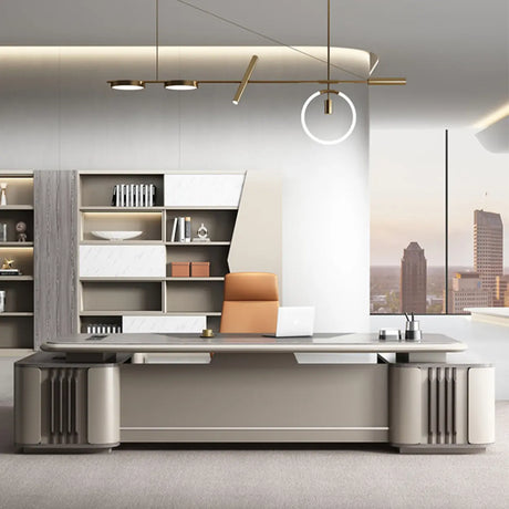 Beige Long L-Shaped Wooden Computer Desk with Storage Image - 2