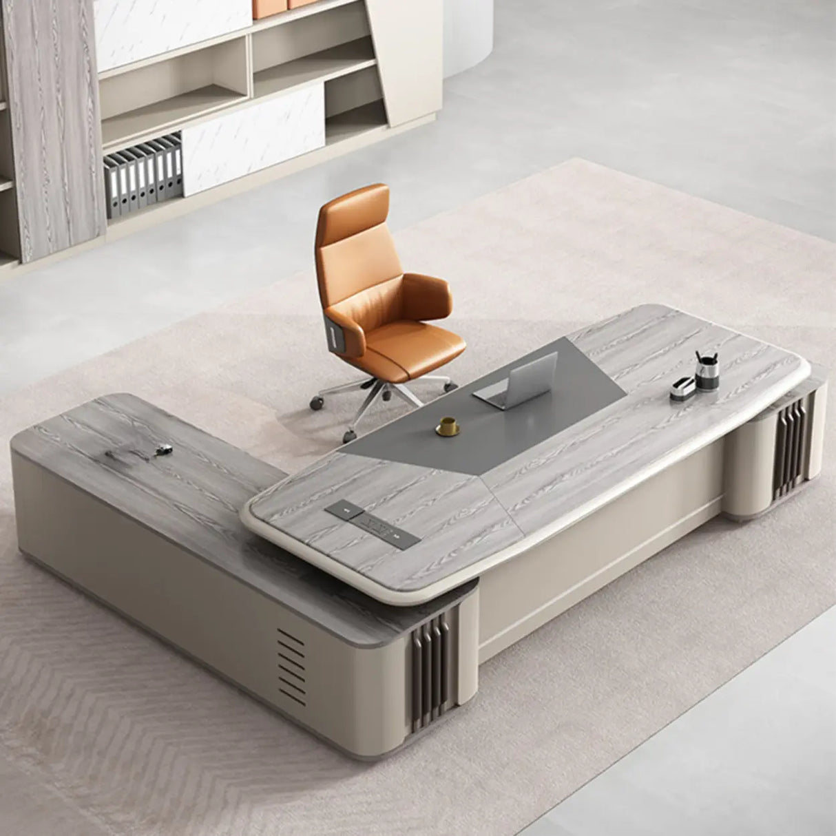Beige Long L-Shaped Wooden Computer Desk with Storage Image - 4
