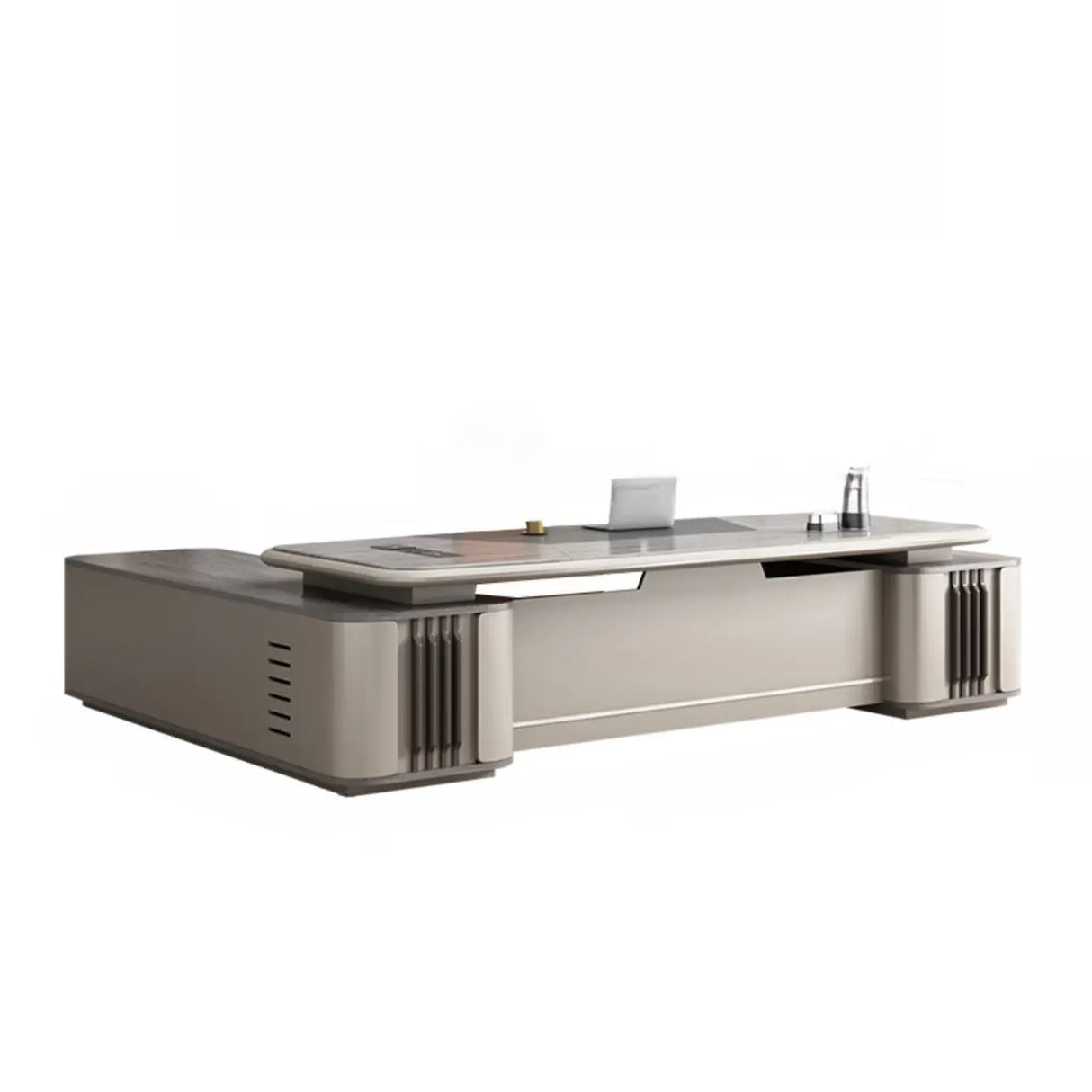 Beige Long L-Shaped Wooden Computer Desk with Storage Image - 7