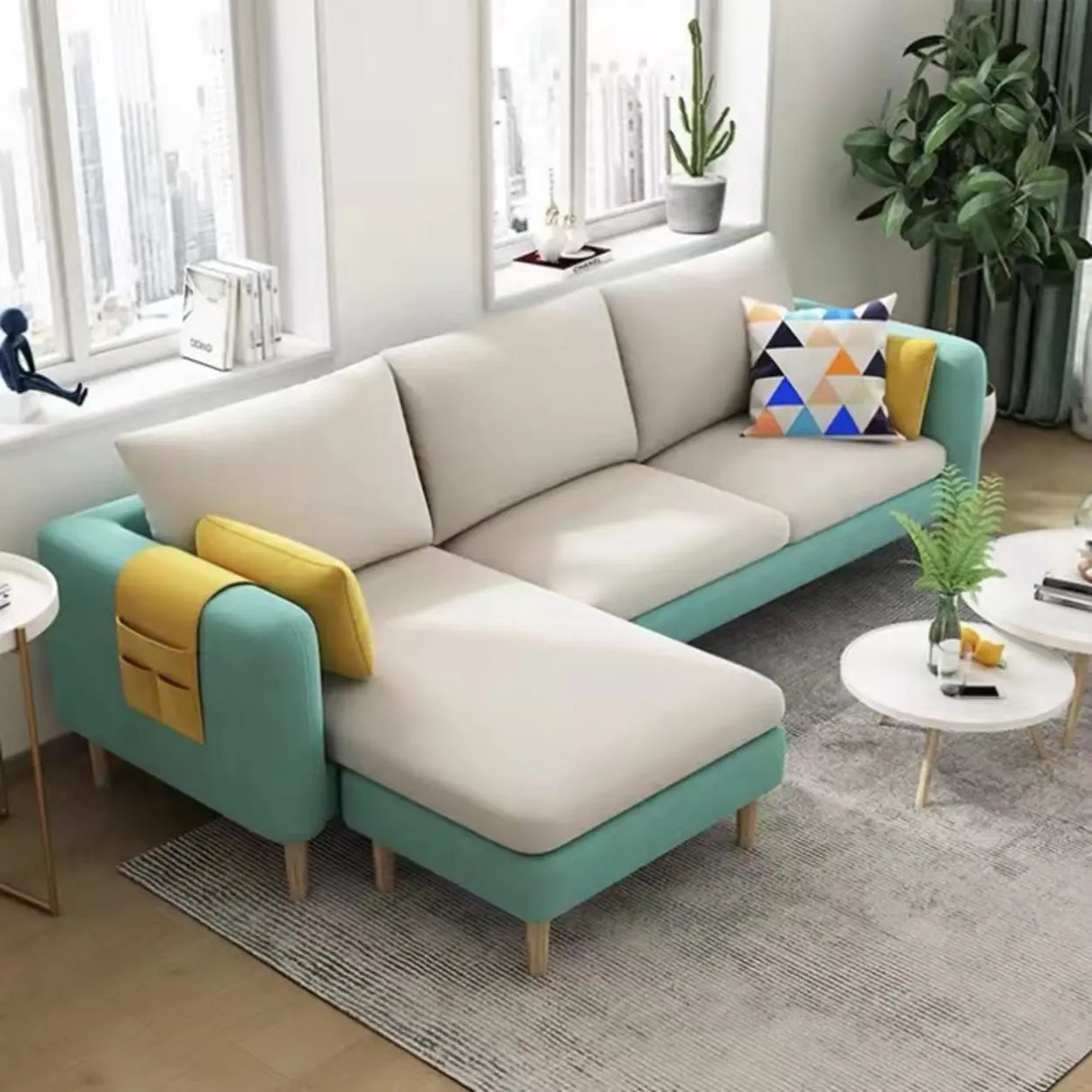 Beige-Mint Green Cotton Linen Reversible Sofa Chaise Image - 1