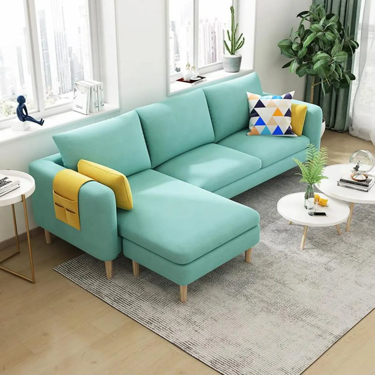 Beige-Mint Green Cotton Linen Reversible Sofa Chaise Image - 11