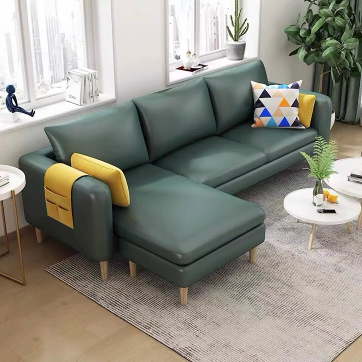 Beige-Mint Green Cotton Linen Reversible Sofa Chaise Image - 6