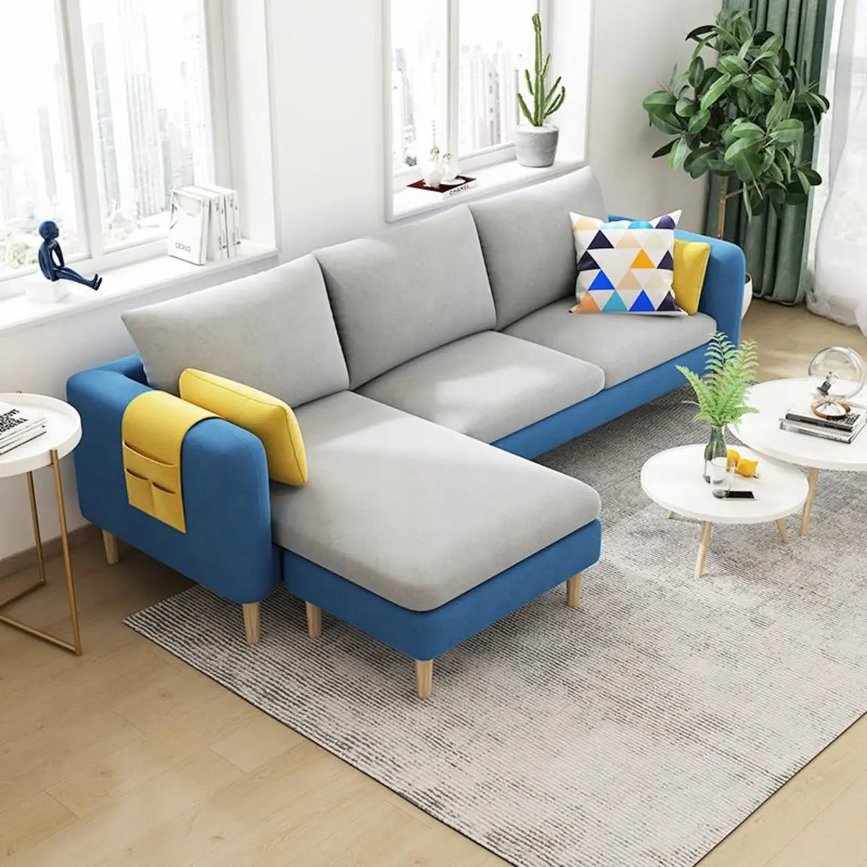 Beige-Mint Green Cotton Linen Reversible Sofa Chaise Image - 8
