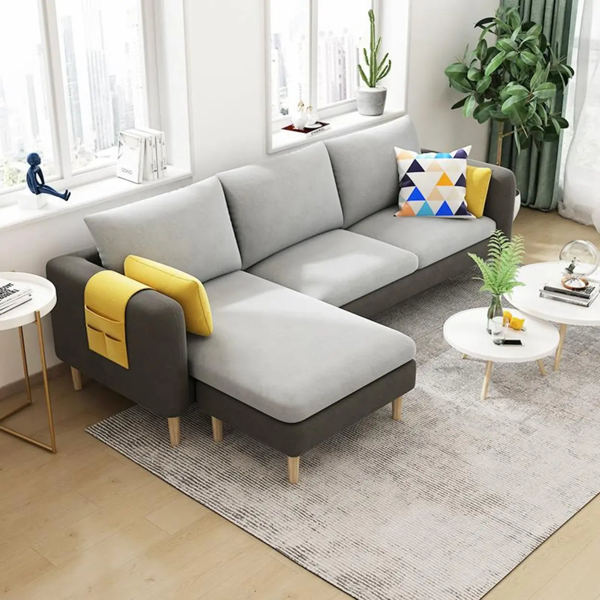 Beige-Mint Green Cotton Linen Reversible Sofa Chaise Image - 9