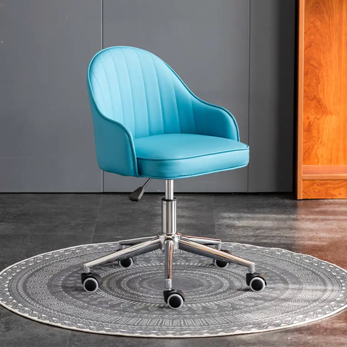 Beige Modish Swivel Curved Leather Low-Back Office Chair Image - 21