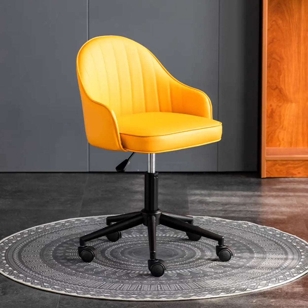 Beige Modish Swivel Curved Leather Low-Back Office Chair Image - 7