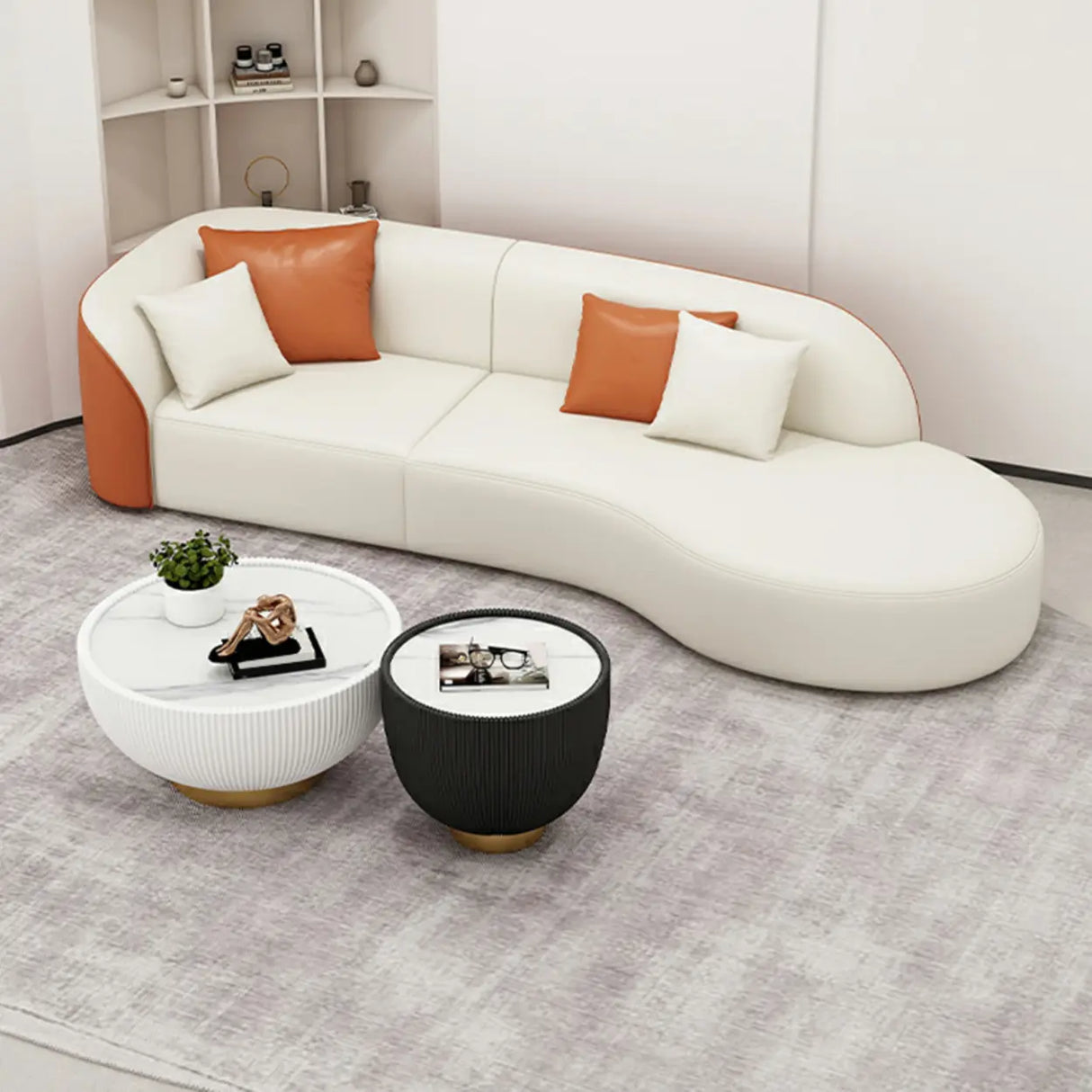 Beige-Orange Tear Resistant Leather Tight Back Sofa Image - 4
