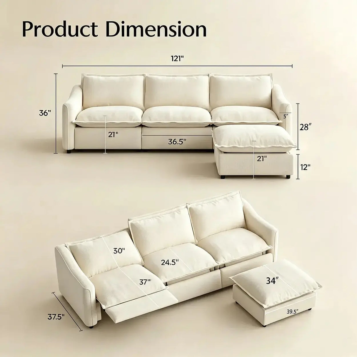 Beige Power Reclining Modular Sofa with Down & Memory Foam 