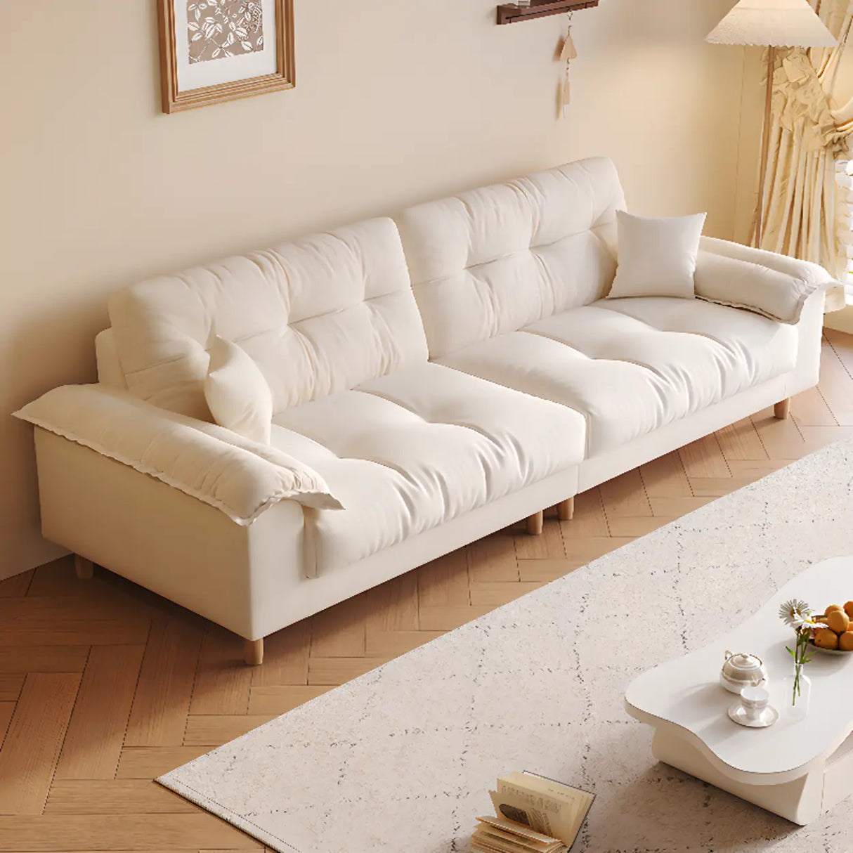 Beige Premium Velvet Pillow Top Arm Tufted Back Sofa Image - 1