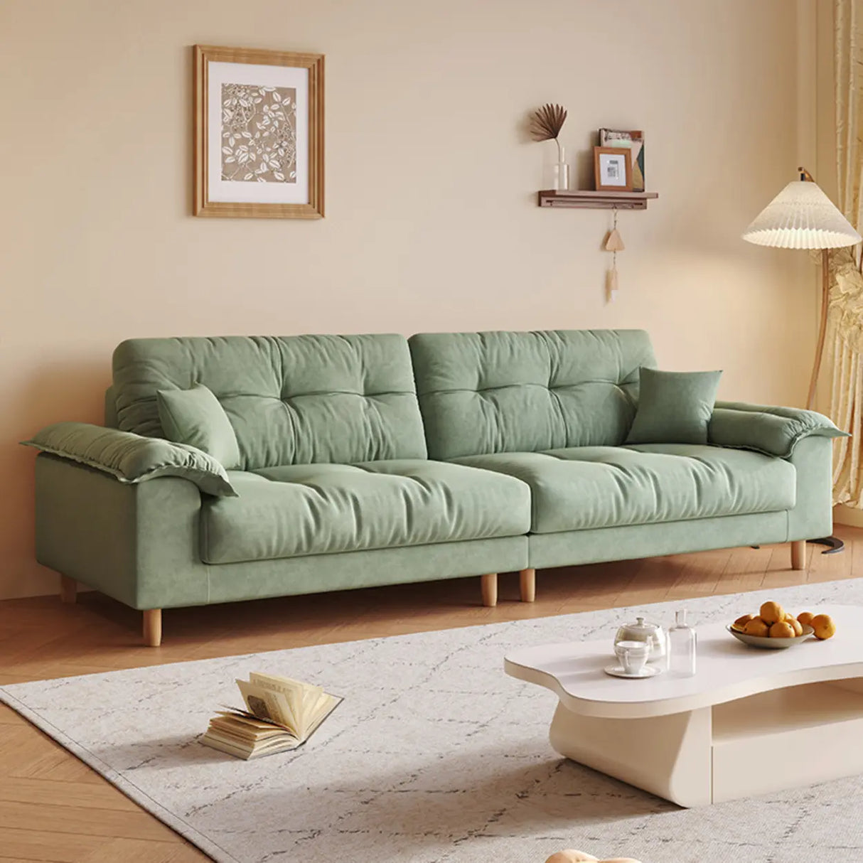 Beige Premium Velvet Pillow Top Arm Tufted Back Sofa Image - 11