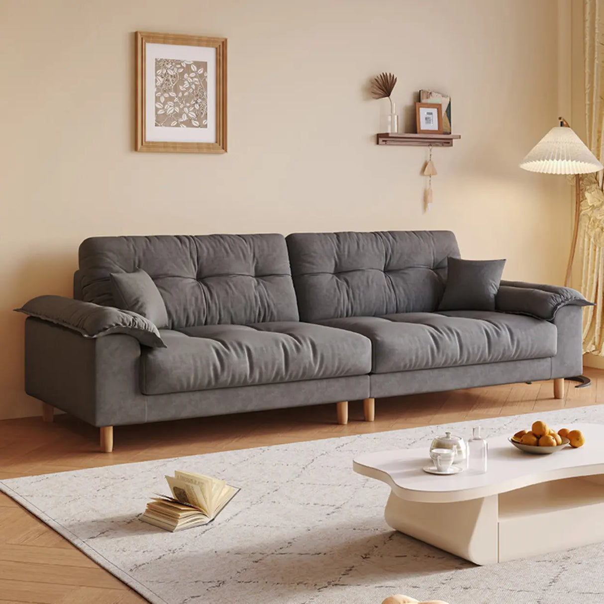 Beige Premium Velvet Pillow Top Arm Tufted Back Sofa Image - 13
