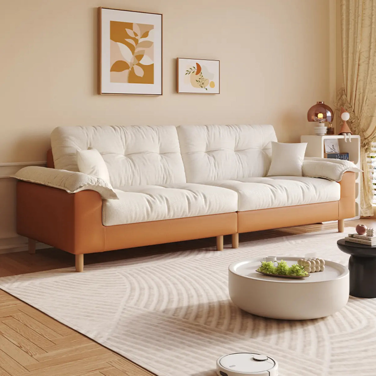 Beige Premium Velvet Pillow Top Arm Tufted Back Sofa Image - 2