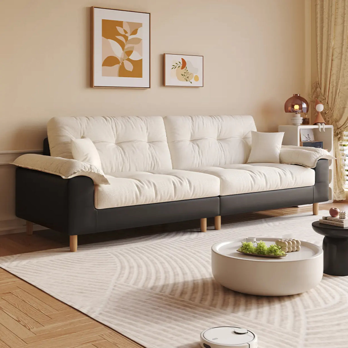 Beige Premium Velvet Pillow Top Arm Tufted Back Sofa Image - 3