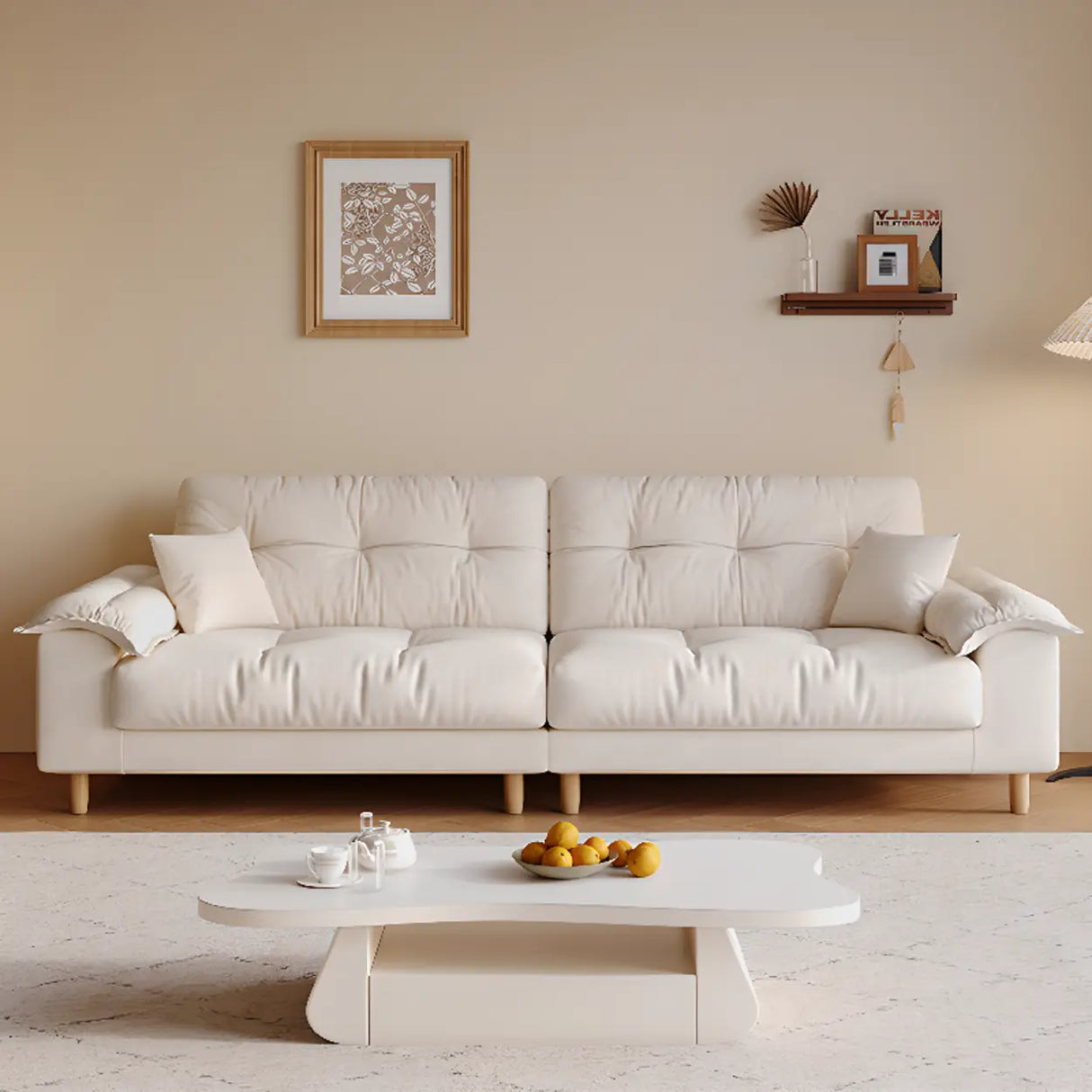 Beige Premium Velvet Pillow Top Arm Tufted Back Sofa Image - 4