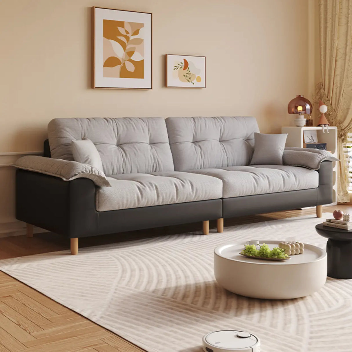 Beige Premium Velvet Pillow Top Arm Tufted Back Sofa Image - 5