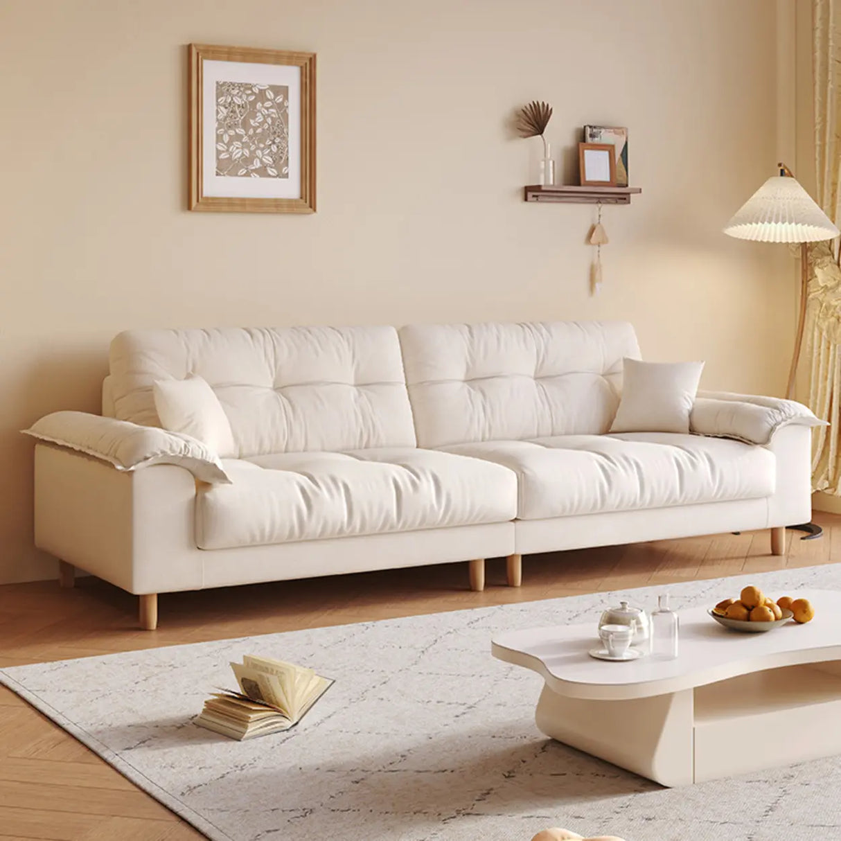 Beige Premium Velvet Pillow Top Arm Tufted Back Sofa Image - 7