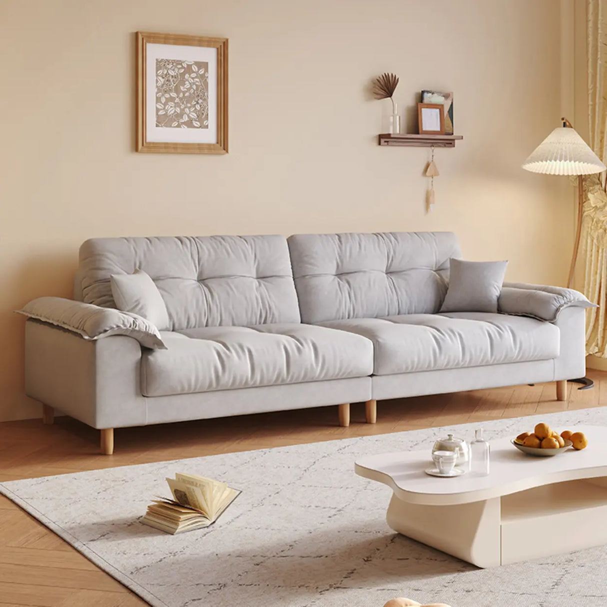 Beige Premium Velvet Pillow Top Arm Tufted Back Sofa Image - 9