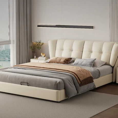 Beige Queen Sleigh Headboard Leather Storage Wingback Bed Image - 1