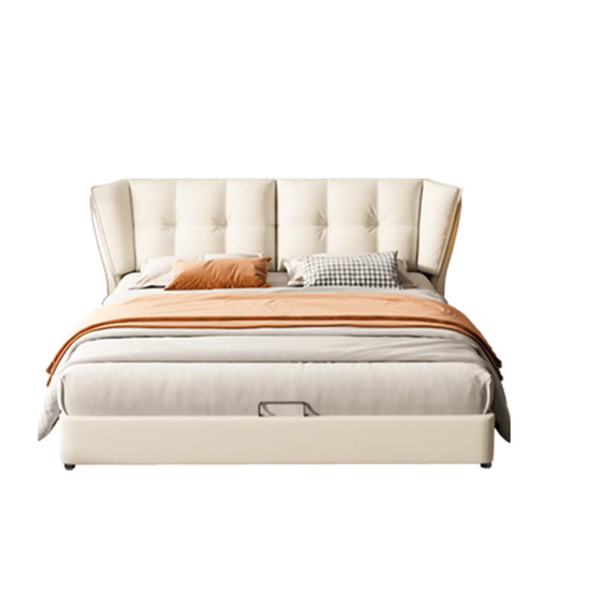 Beige Queen Sleigh Headboard Leather Storage Wingback Bed Image - 2