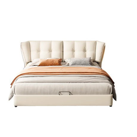 Beige Queen Sleigh Headboard Leather Storage Wingback Bed Image - 2