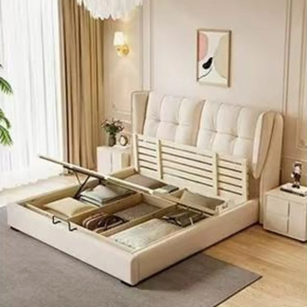 Beige Queen Sleigh Headboard Leather Storage Wingback Bed Image - 3