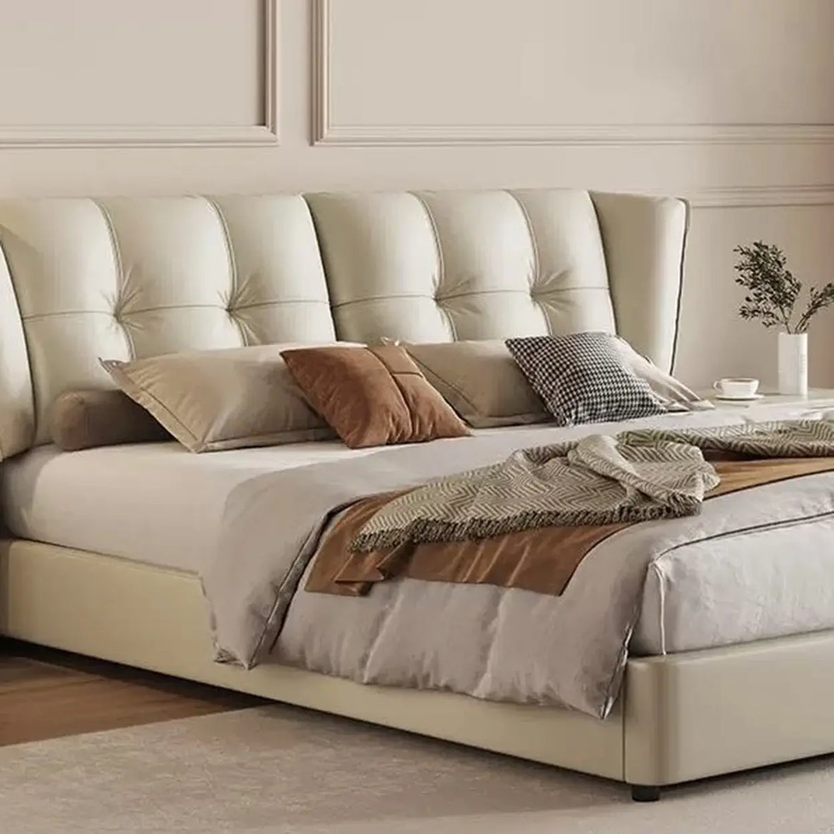 Beige Queen Sleigh Headboard Leather Storage Wingback Bed Image - 4