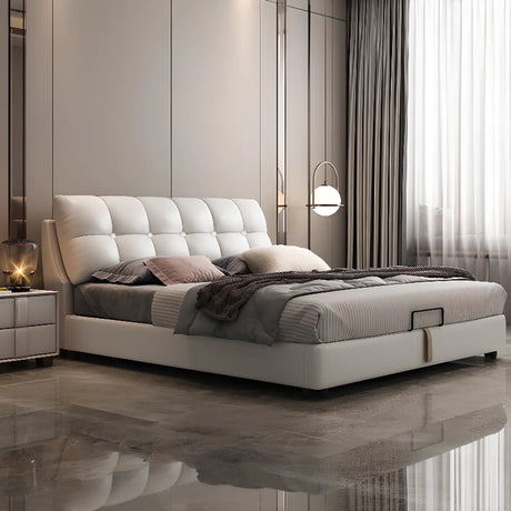 Beige Queen Tufted Leather Panel Bed with Mattress Image - 1